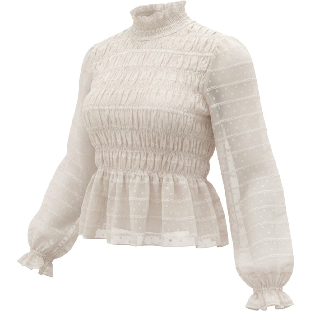Cider Cream Smocked Peplum Blouse sz M Mock Neck Swiss Dot Embroidered Romantic - Picture 1 of 16